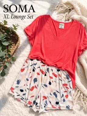 Soma XL Lounge Set Coral Tee & Printed Shorts Soft Pajamas